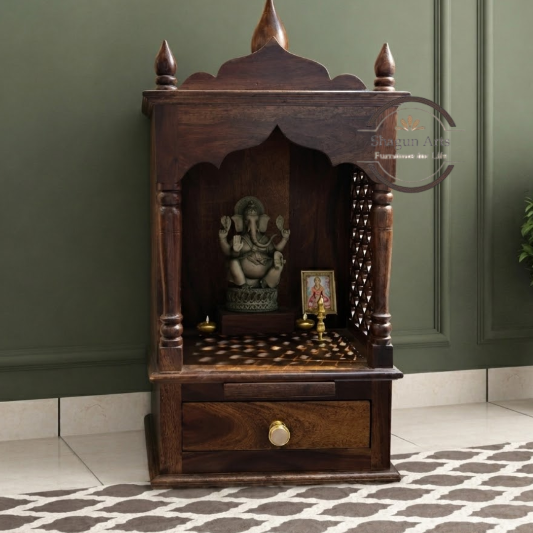 Kairos Handcrafted Solid Sheesham Wooden Pooja Mandir with Jaali Panels & Storage Drawer