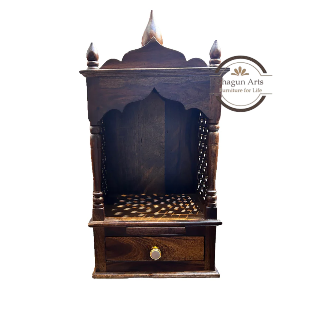 Kairos Handcrafted Solid Sheesham Wooden Pooja Mandir with Jaali Panels & Storage Drawer