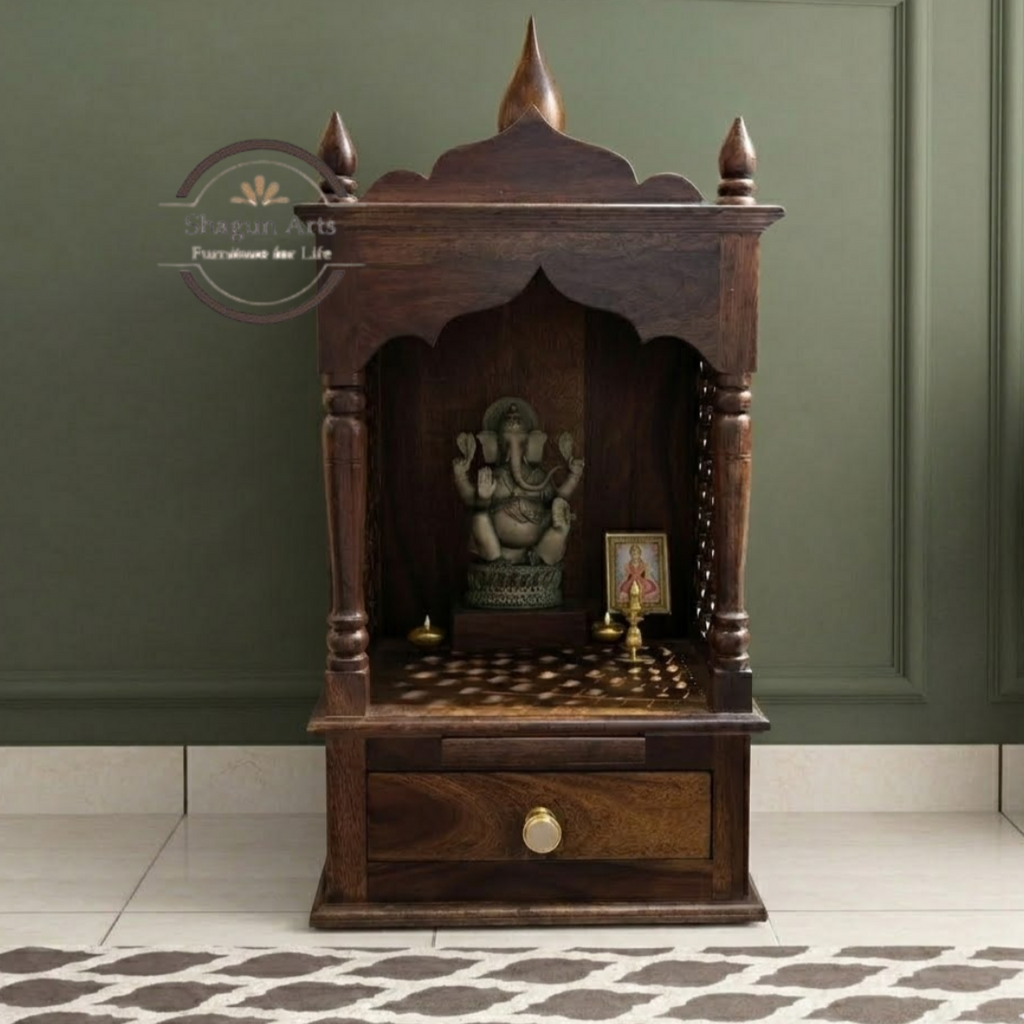 Kairos Handcrafted Solid Sheesham Wooden Pooja Mandir with Jaali Panels & Storage Drawer