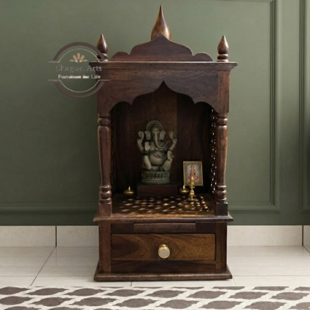 Kairos Handcrafted Solid Sheesham Wooden Pooja Mandir with Jaali Panels & Storage Drawer