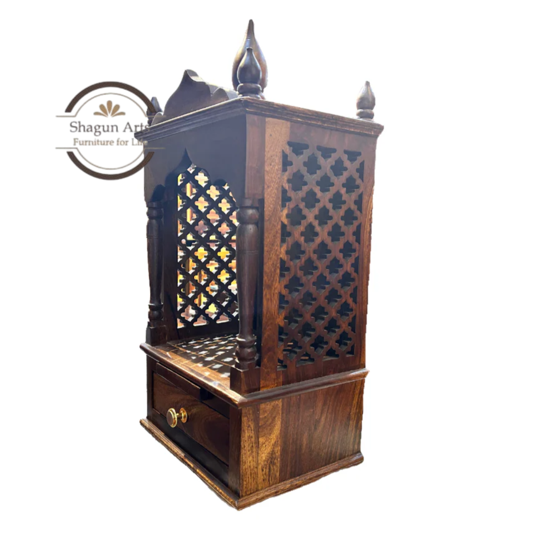 Kairos Handcrafted Solid Sheesham Wooden Pooja Mandir with Jaali Panels & Storage Drawer