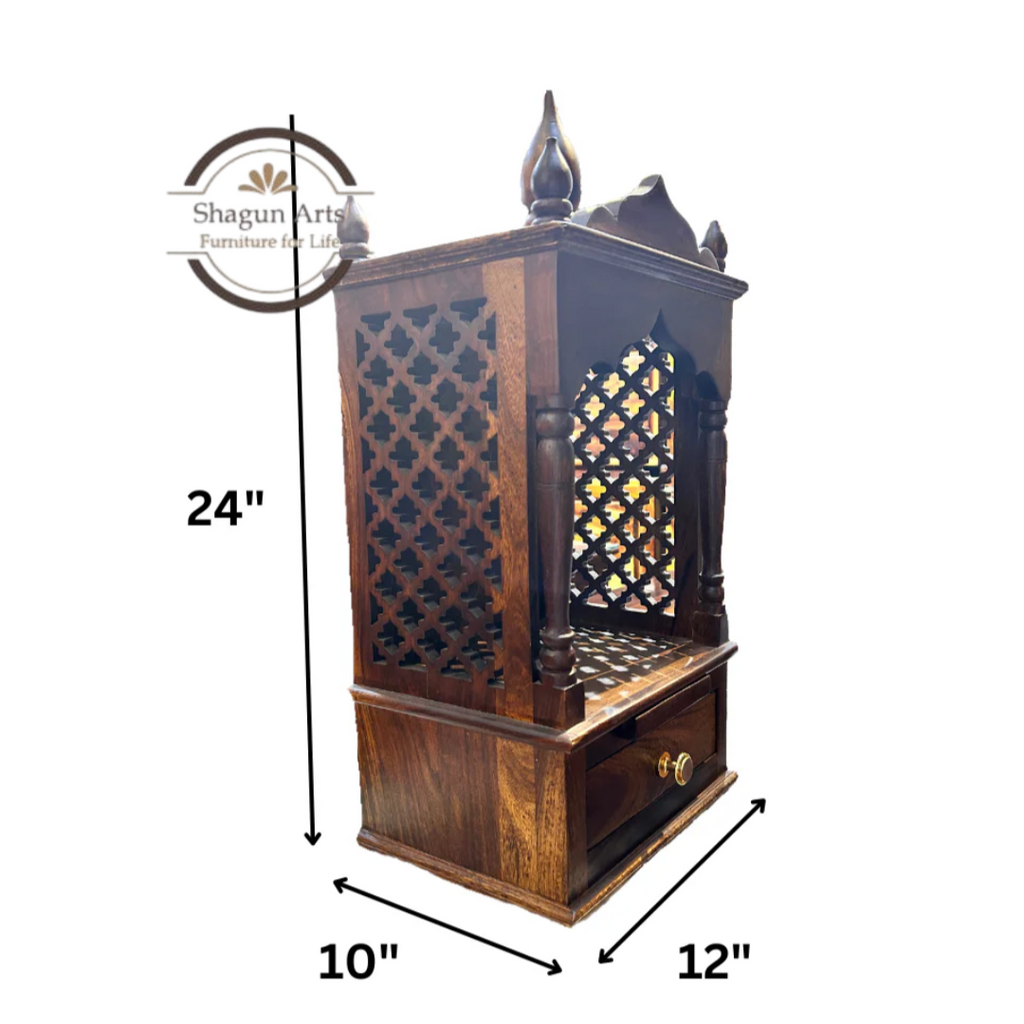 Kairos Handcrafted Solid Sheesham Wooden Pooja Mandir with Jaali Panels & Storage Drawer