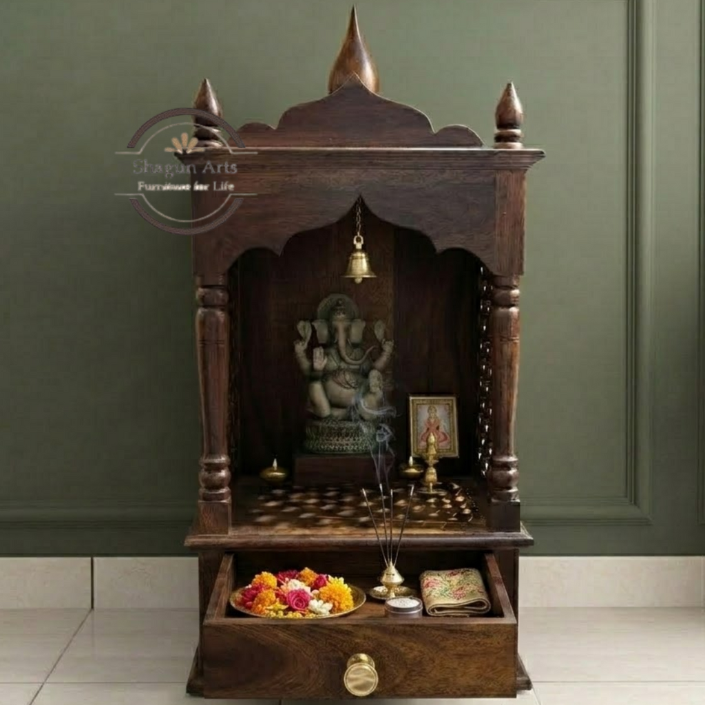 Kairos Handcrafted Solid Sheesham Wooden Pooja Mandir with Jaali Panels & Storage Drawer