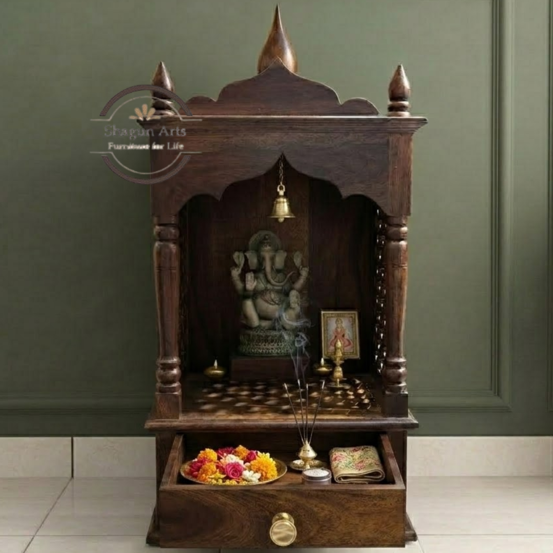 Kairos Handcrafted Solid Sheesham Wooden Pooja Mandir with Jaali Panels & Storage Drawer