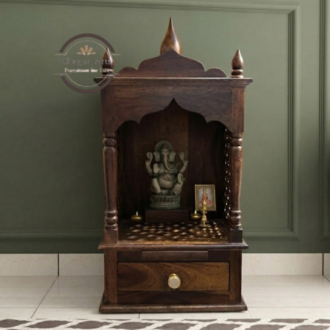 Kairos Handcrafted Solid Sheesham Wooden Pooja Mandir with Jaali Panels & Storage Drawer
