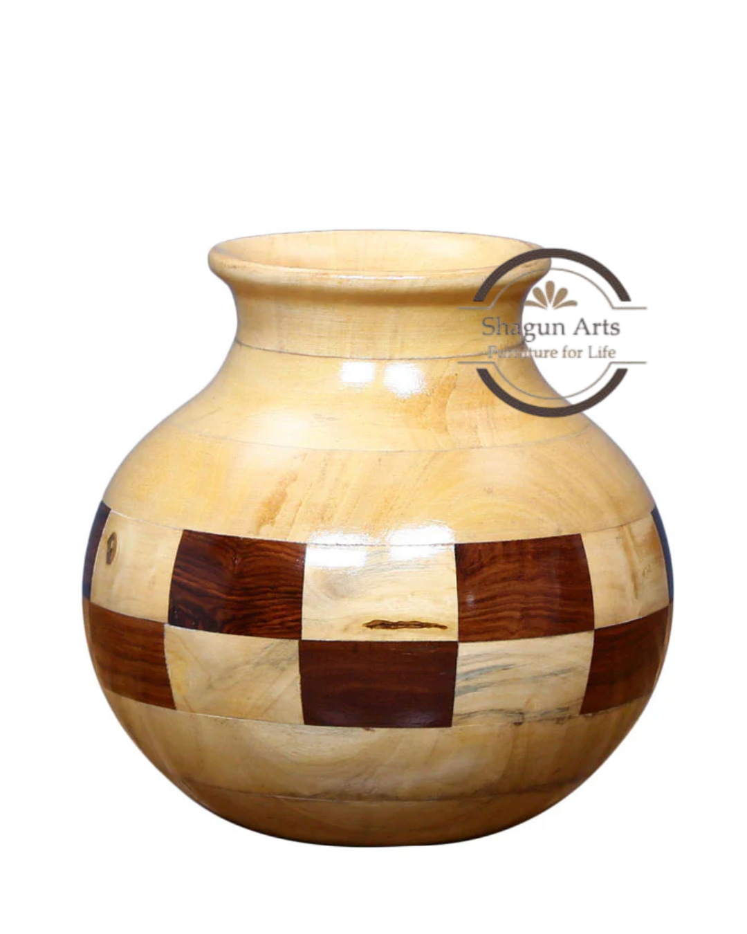 Handcrafted Wooden Round Decorative Vase with Inlay Pattern