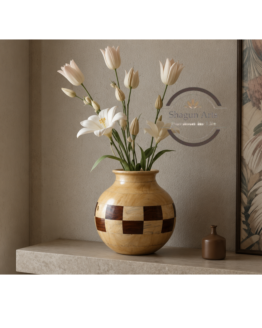 Handcrafted Wooden Round Decorative Vase with Inlay Pattern