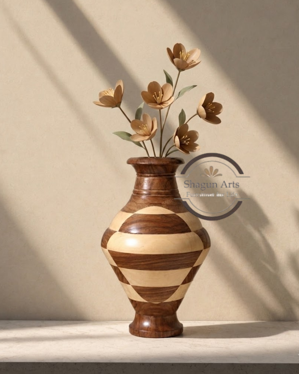 Handcrafted Wooden Decorative Vase with Inlay Design