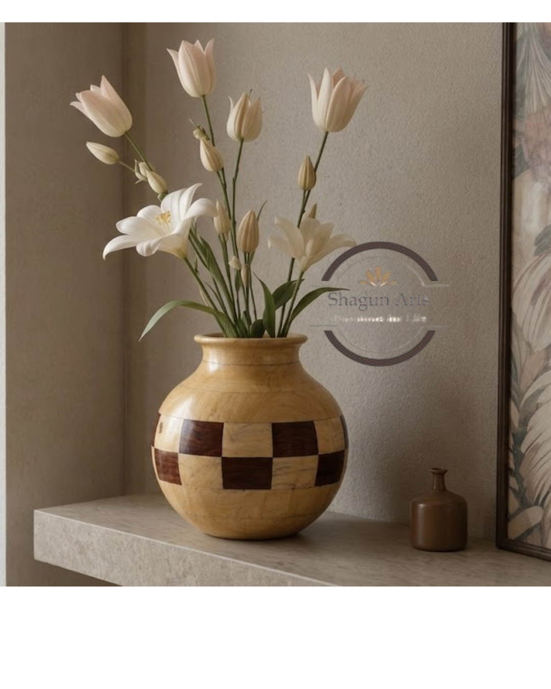 Handcrafted Wooden Round Decorative Vase with Inlay Pattern