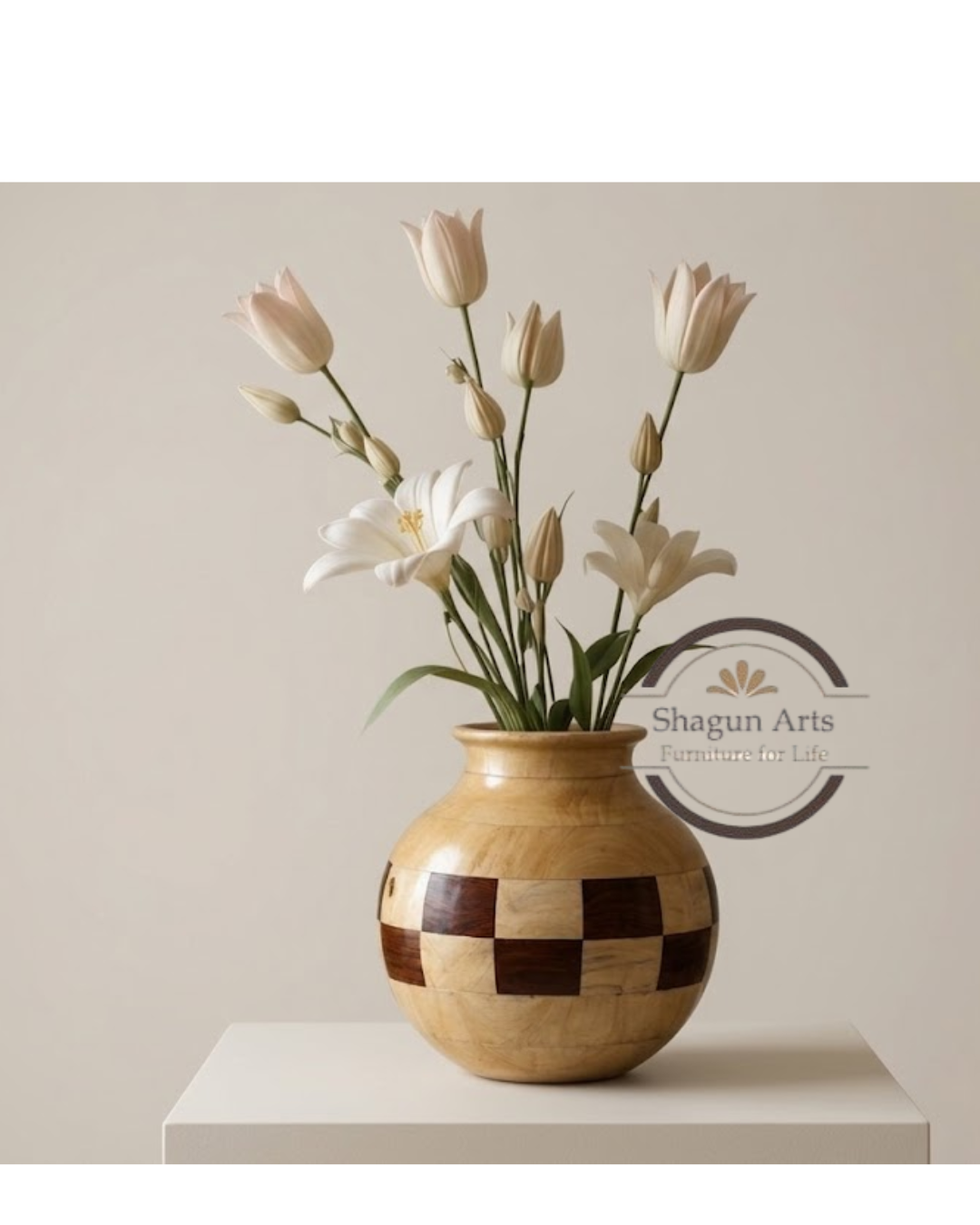 Handcrafted Wooden Round Decorative Vase with Inlay Pattern