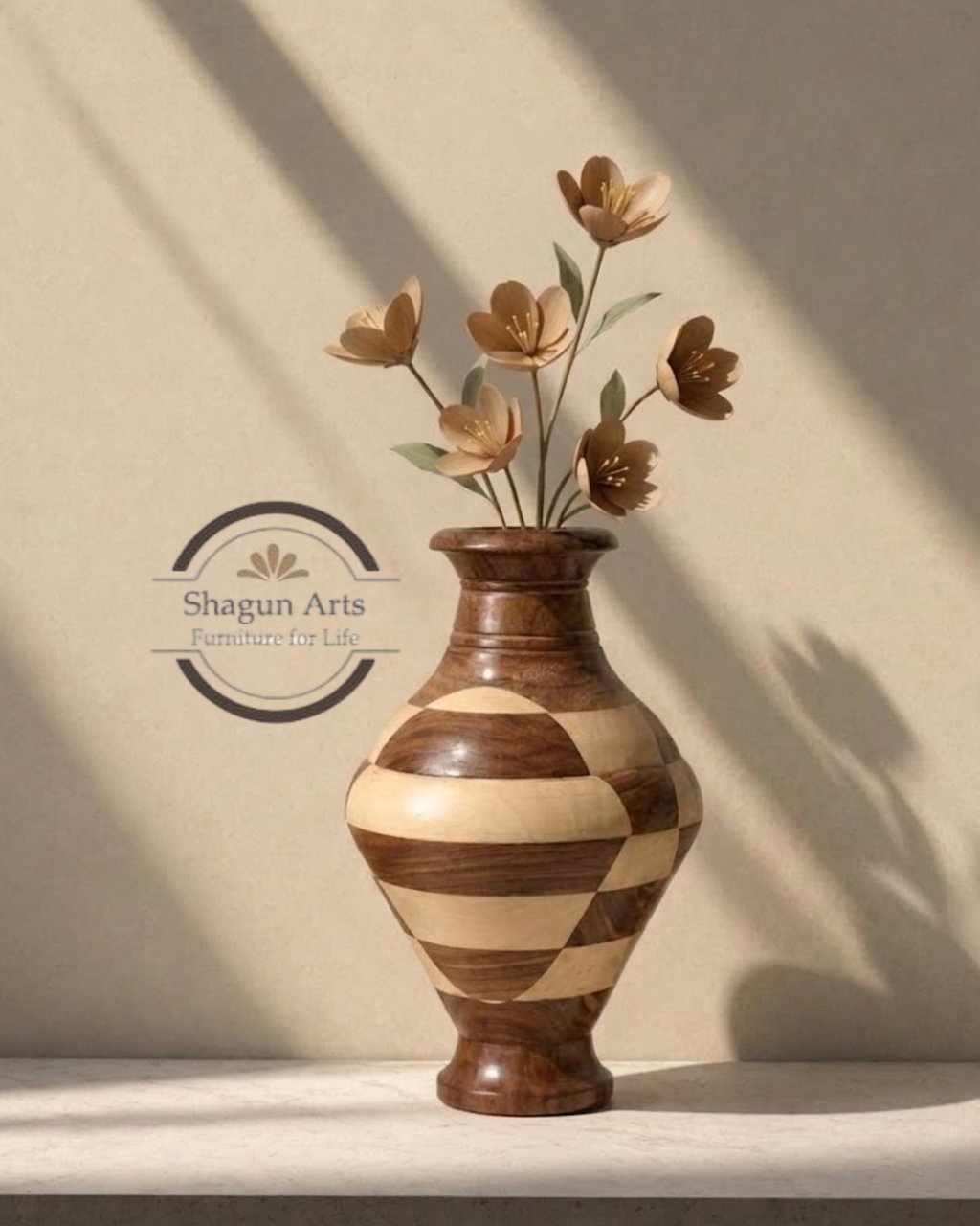 Handcrafted Wooden Decorative Vase with Inlay Design