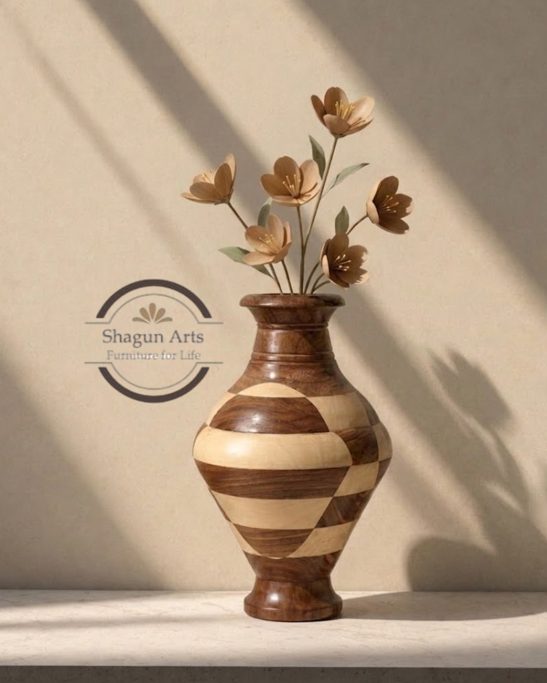 Handcrafted Wooden Decorative Vase with Inlay Design