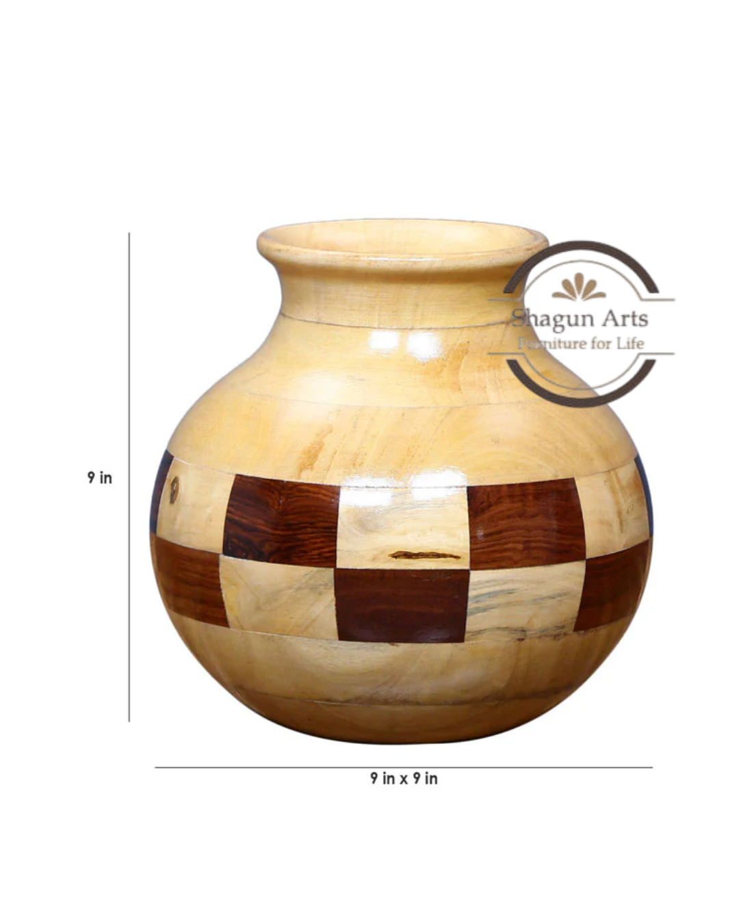 Handcrafted Wooden Round Decorative Vase with Inlay Pattern