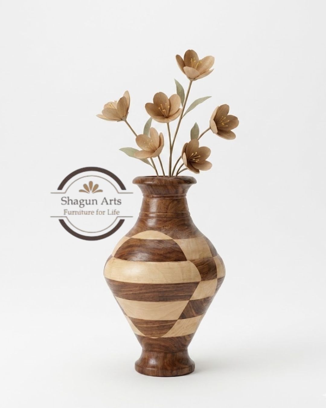 Handcrafted Wooden Decorative Vase with Inlay Design