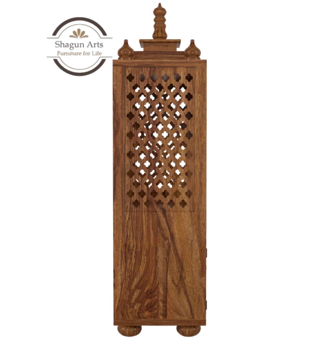 Selene Handcrafted Wooden Pooja Mandir with Storage Drawers & Jaali Work In Natural Brown Finish