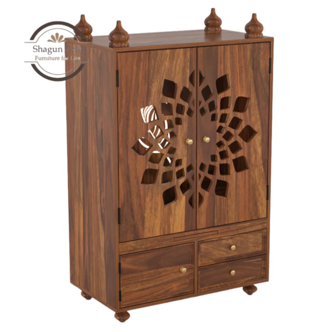 Solid Sheesham Wooden Storage Cabinet with Floral Cutwork & Drawers