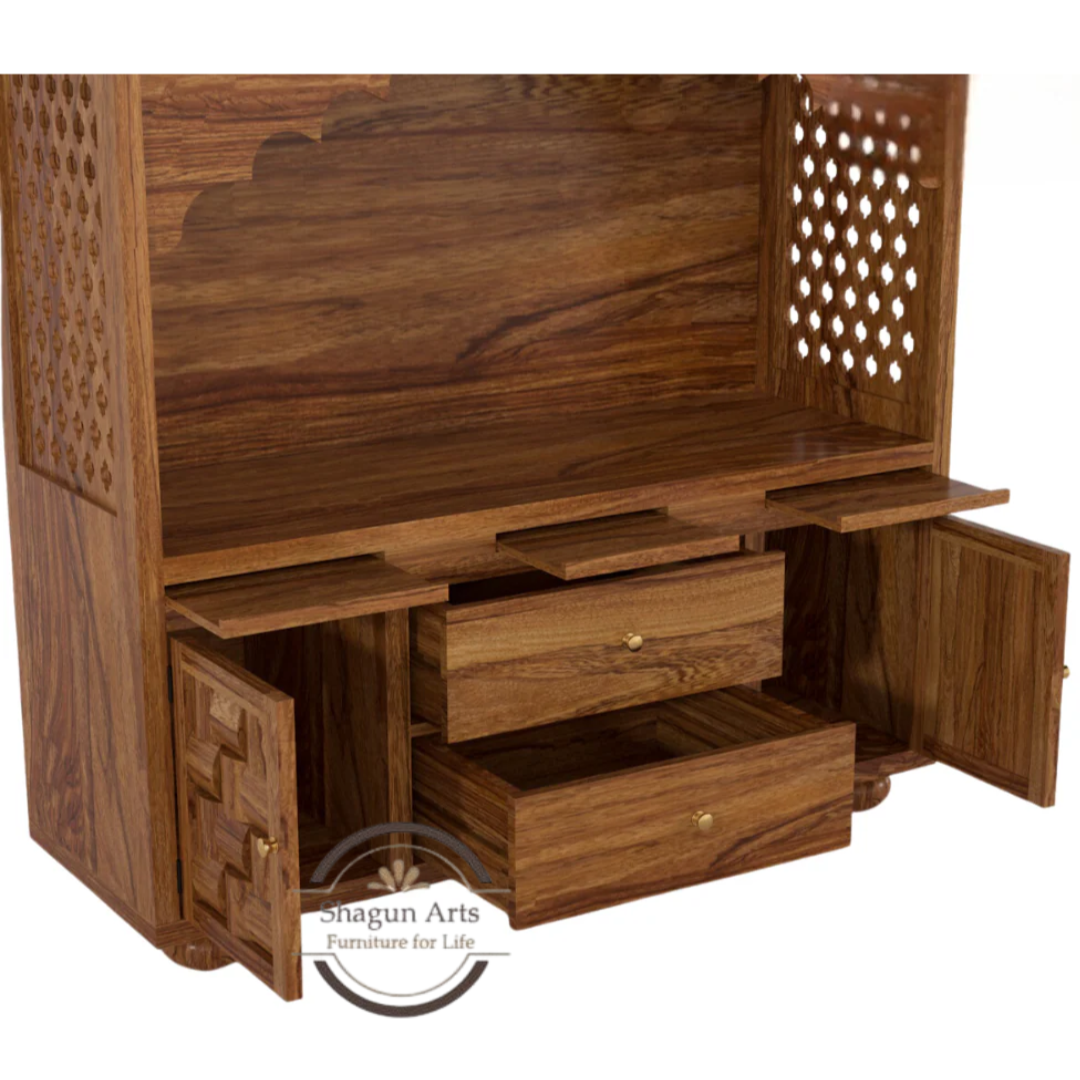 Selene Handcrafted Wooden Pooja Mandir with Storage Drawers & Jaali Work In Natural Brown Finish