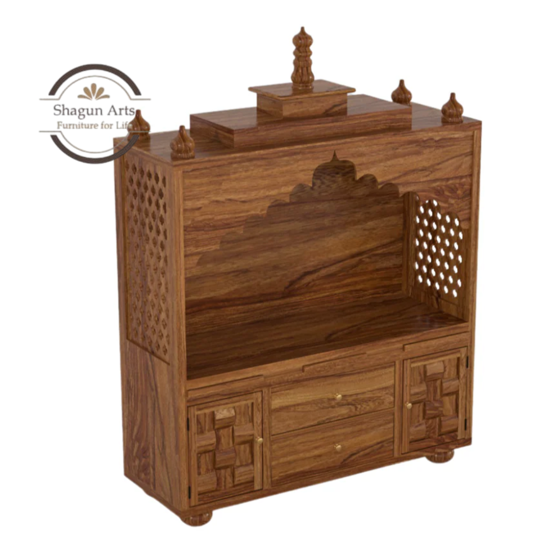 Selene Handcrafted Wooden Pooja Mandir with Storage Drawers & Jaali Work In Natural Brown Finish