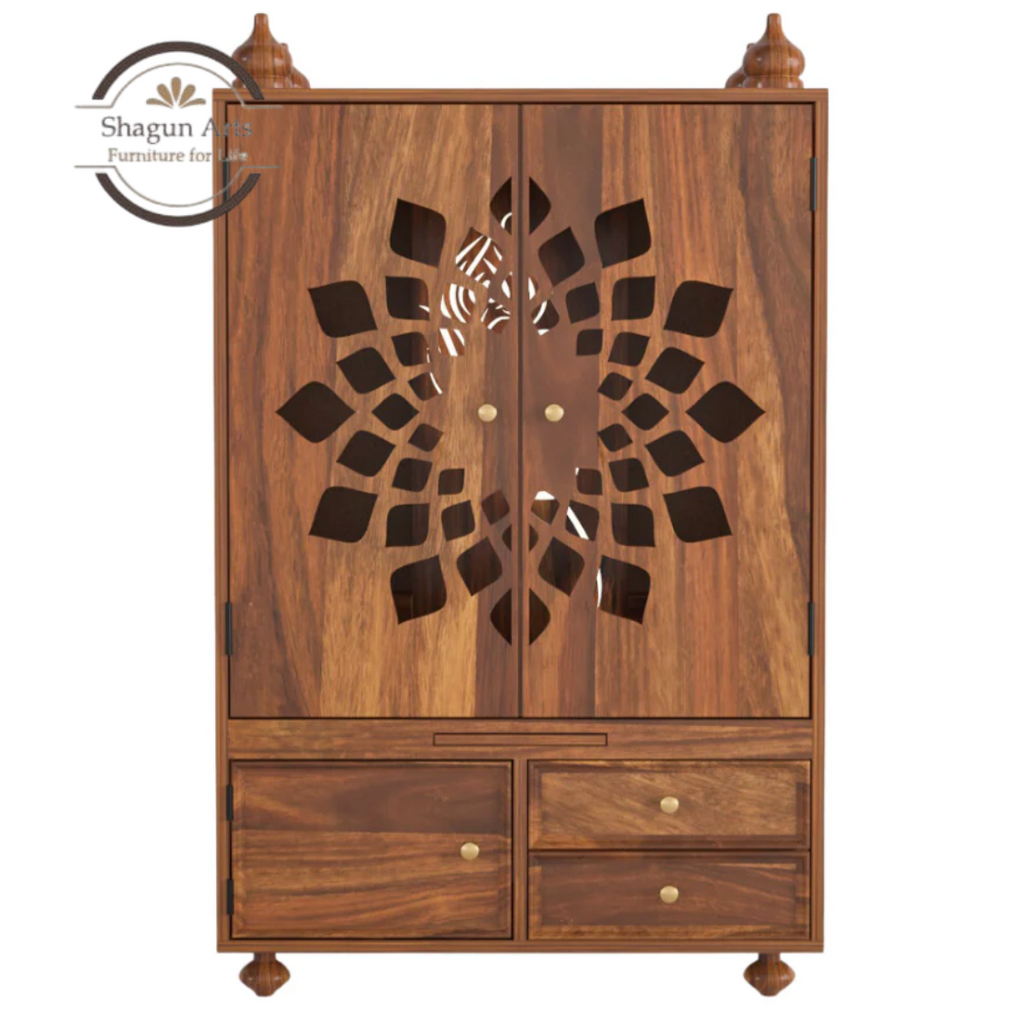 Solid Sheesham Wooden Storage Cabinet with Floral Cutwork & Drawers