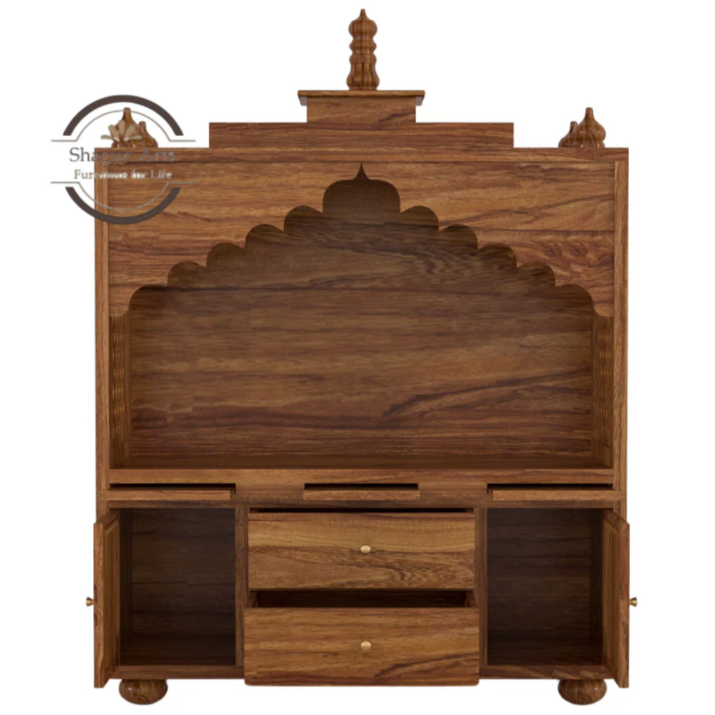 Selene Handcrafted Wooden Pooja Mandir with Storage Drawers & Jaali Work In Natural Brown Finish