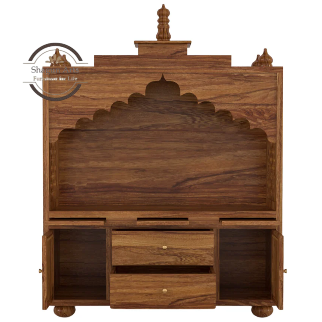 Selene Handcrafted Wooden Pooja Mandir with Storage Drawers & Jaali Work In Natural Brown Finish