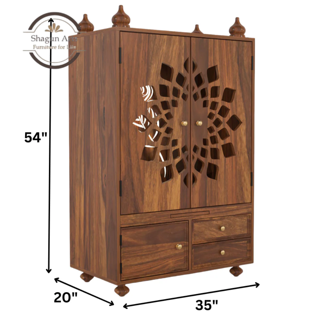 Solid Sheesham Wooden Storage Cabinet with Floral Cutwork & Drawers