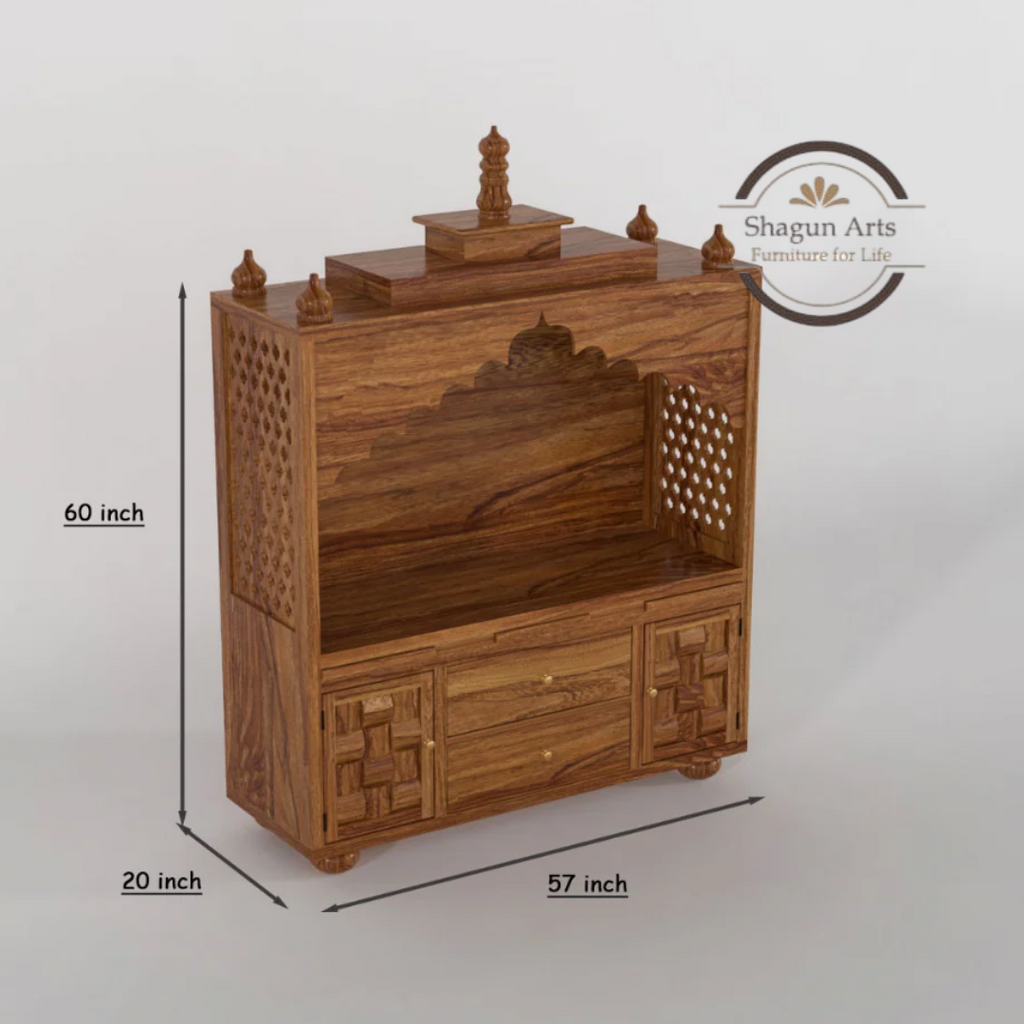 Selene Handcrafted Wooden Pooja Mandir with Storage Drawers & Jaali Work In Natural Brown Finish