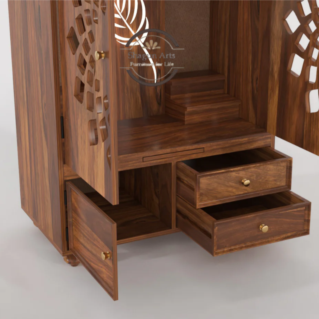 Solid Sheesham Wooden Storage Cabinet with Floral Cutwork & Drawers