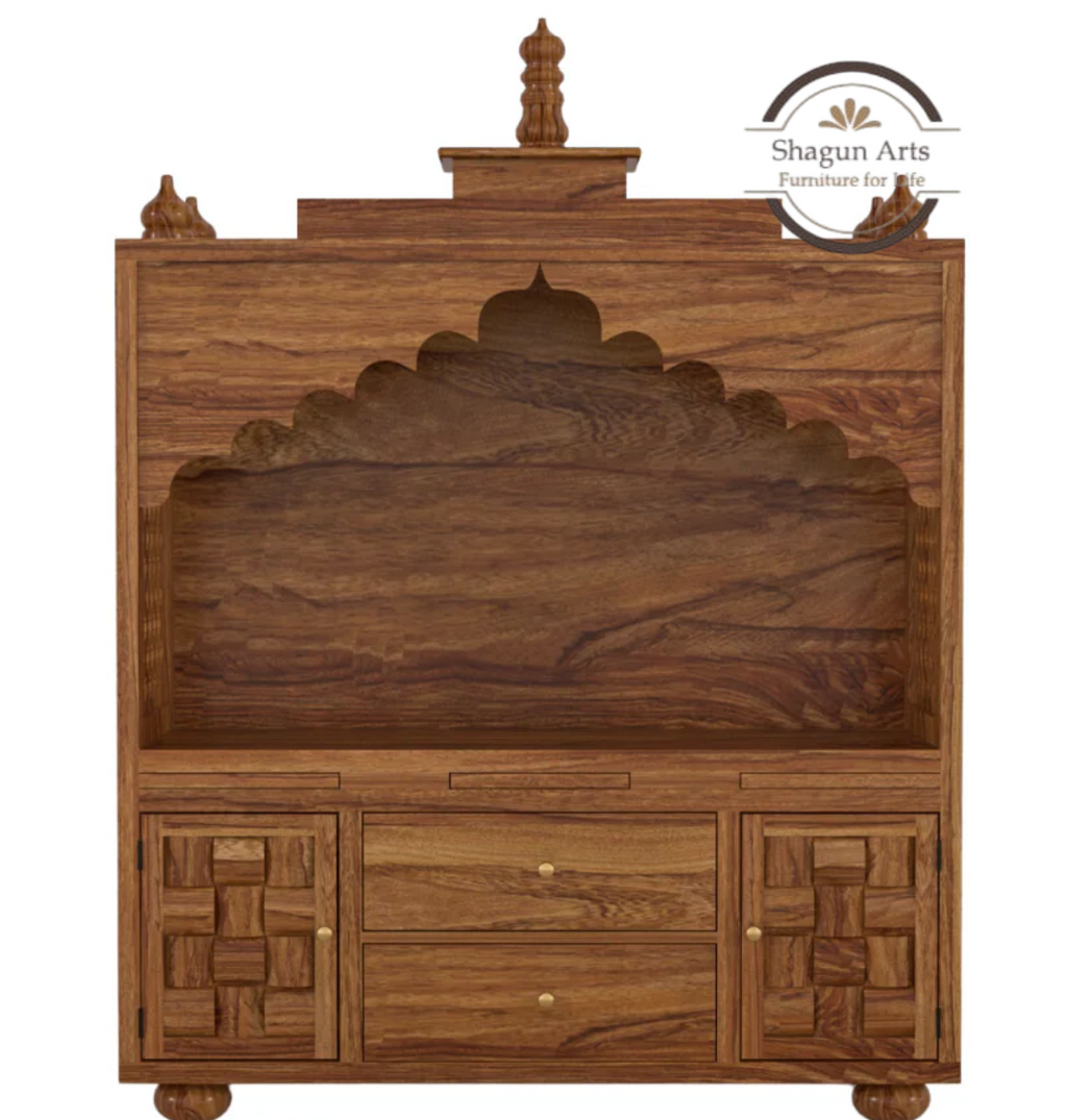 Selene Handcrafted Wooden Pooja Mandir with Storage Drawers & Jaali Work In Natural Brown Finish