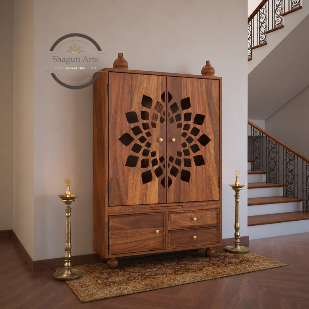 Solid Sheesham Wooden Storage Cabinet with Floral Cutwork & Drawers
