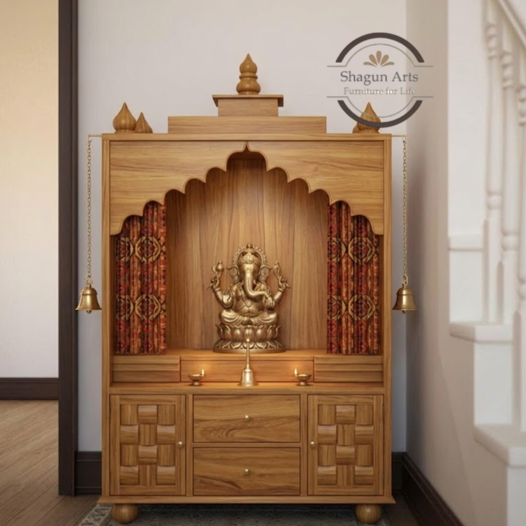 Selene Handcrafted Wooden Pooja Mandir with Storage Drawers & Jaali Work In Natural Brown Finish