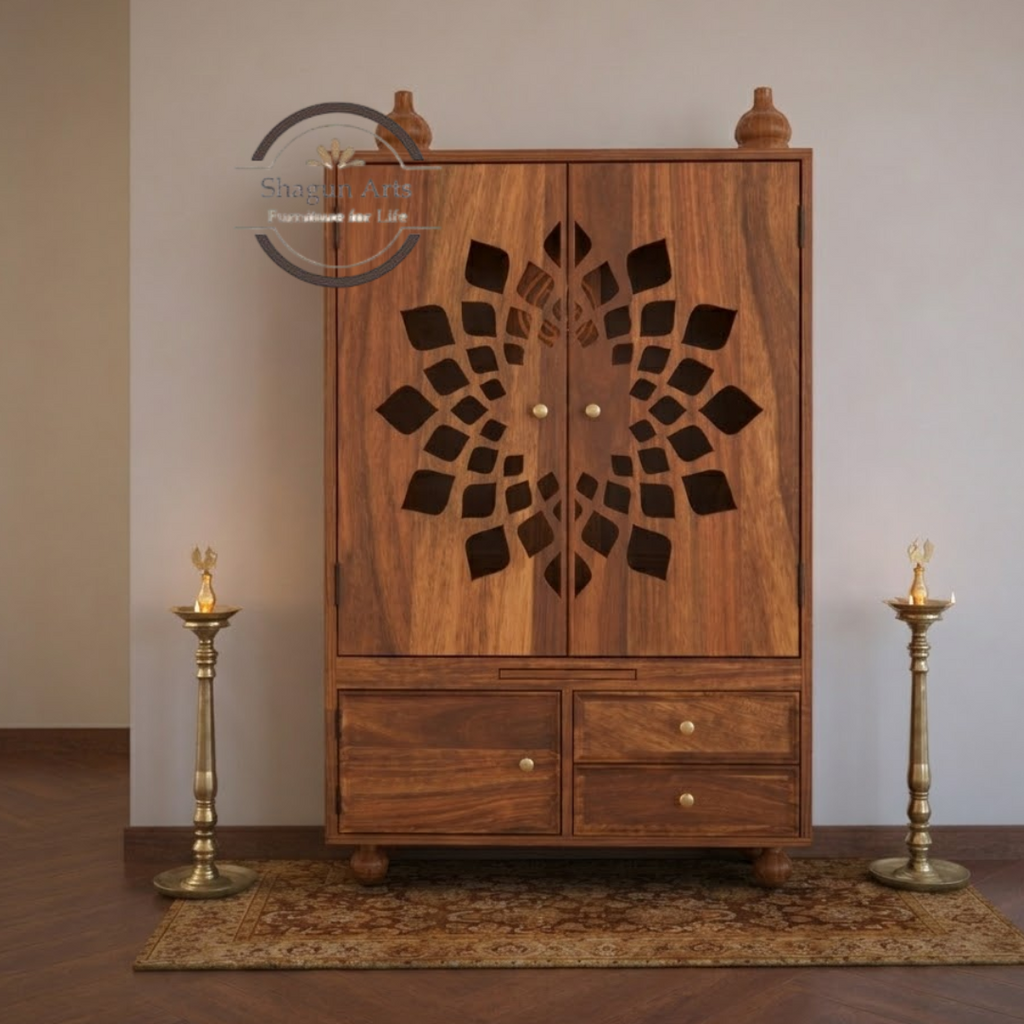 Solid Sheesham Wooden Storage Cabinet with Floral Cutwork & Drawers