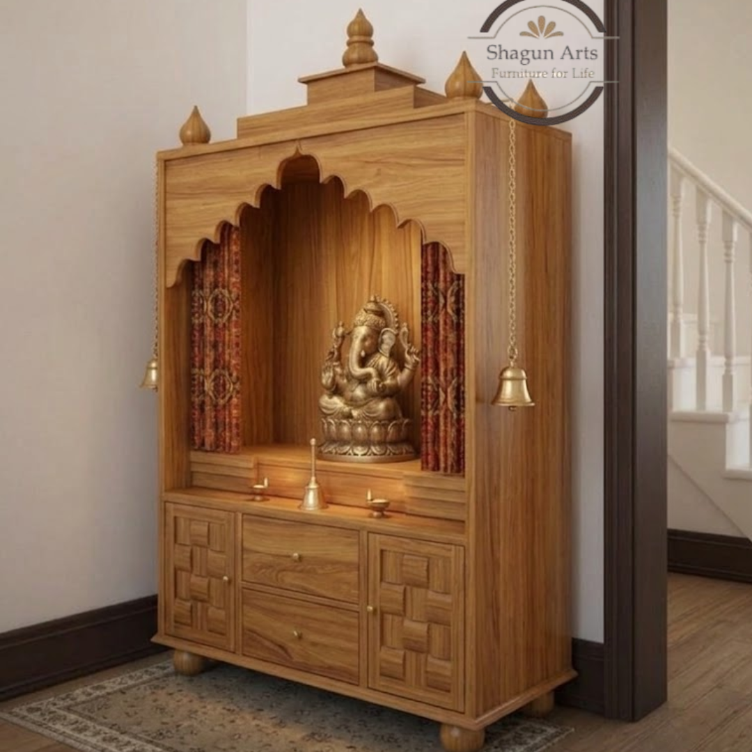 Selene Handcrafted Wooden Pooja Mandir with Storage Drawers & Jaali Work In Natural Brown Finish