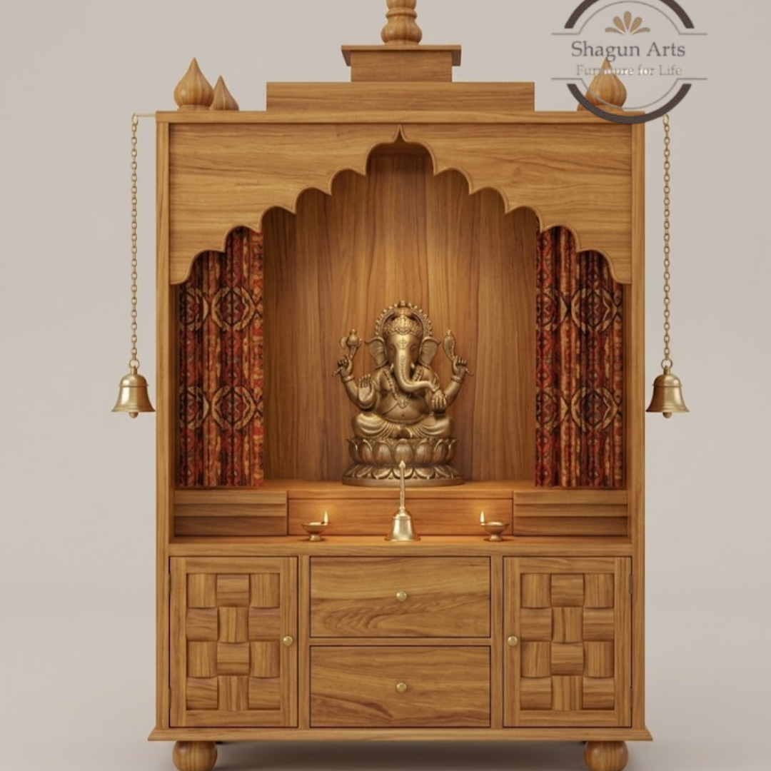 Selene Handcrafted Wooden Pooja Mandir with Storage Drawers & Jaali Work In Natural Brown Finish
