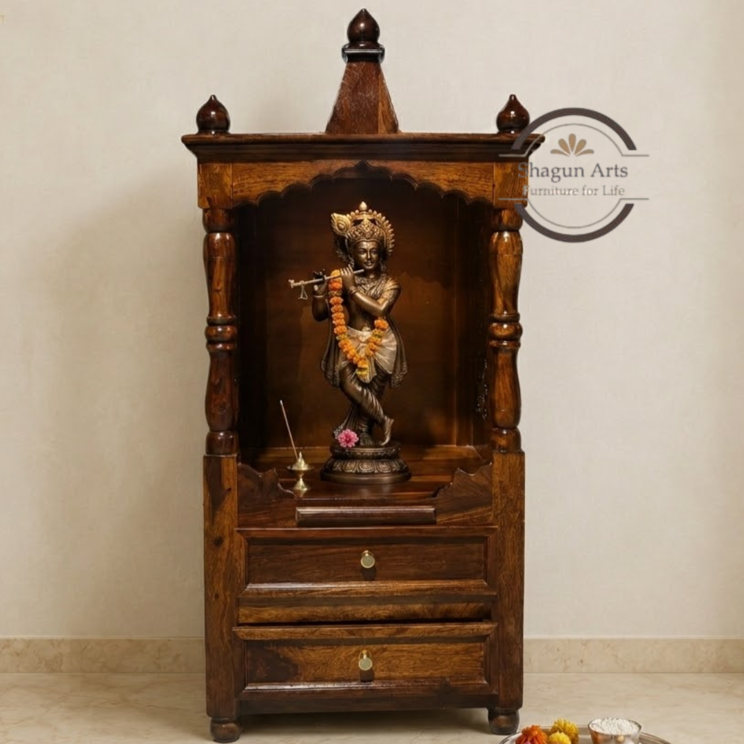 Niall Handcrafted Sheesham Wooden Pooja Mandir with Jaali Work & Storage Drawers