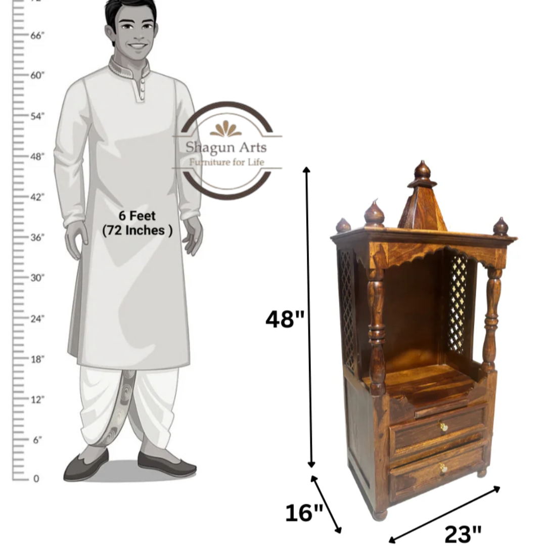 Niall Handcrafted Sheesham Wooden Pooja Mandir with Jaali Work & Storage Drawers