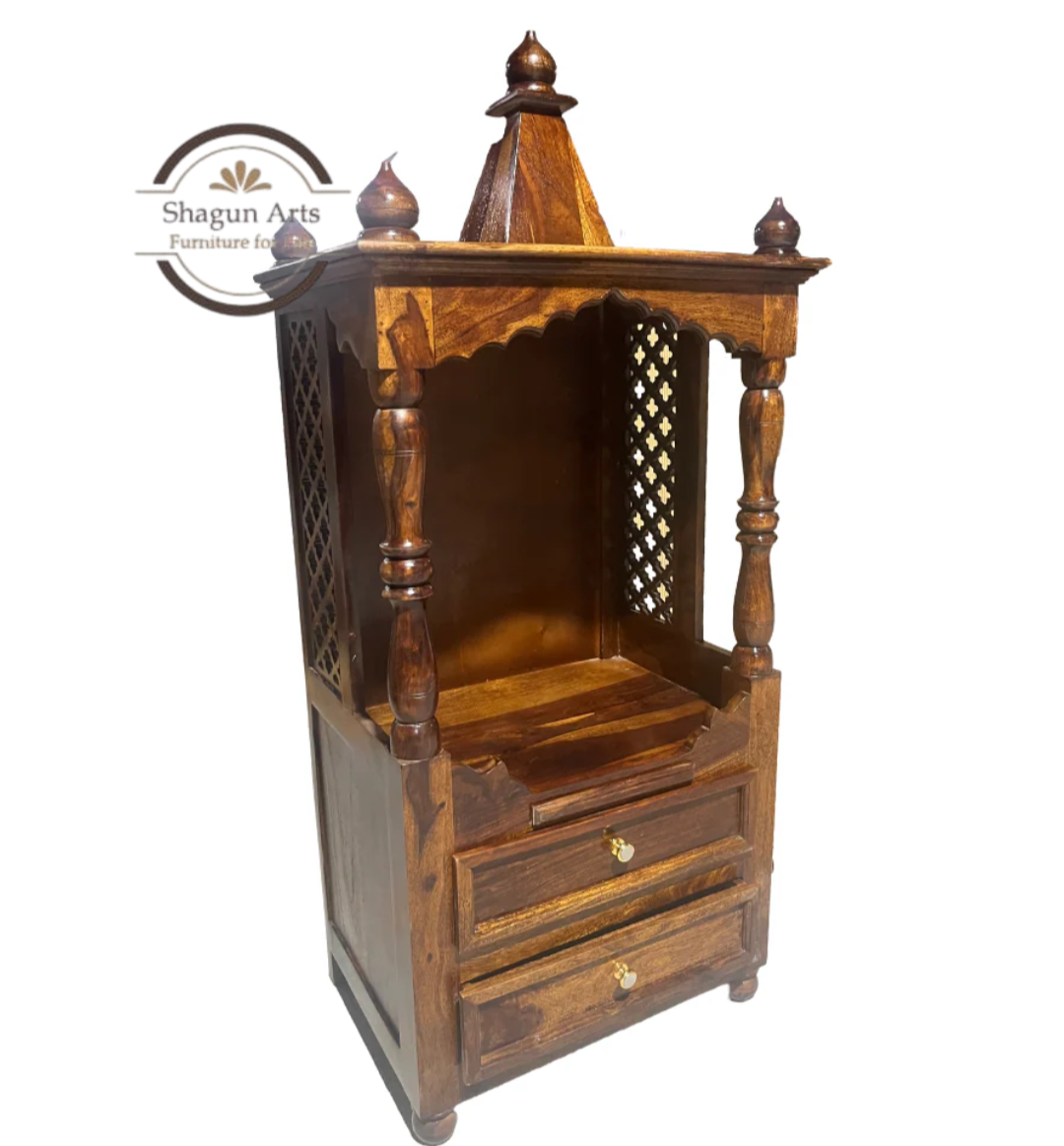 Niall Handcrafted Sheesham Wooden Pooja Mandir with Jaali Work & Storage Drawers