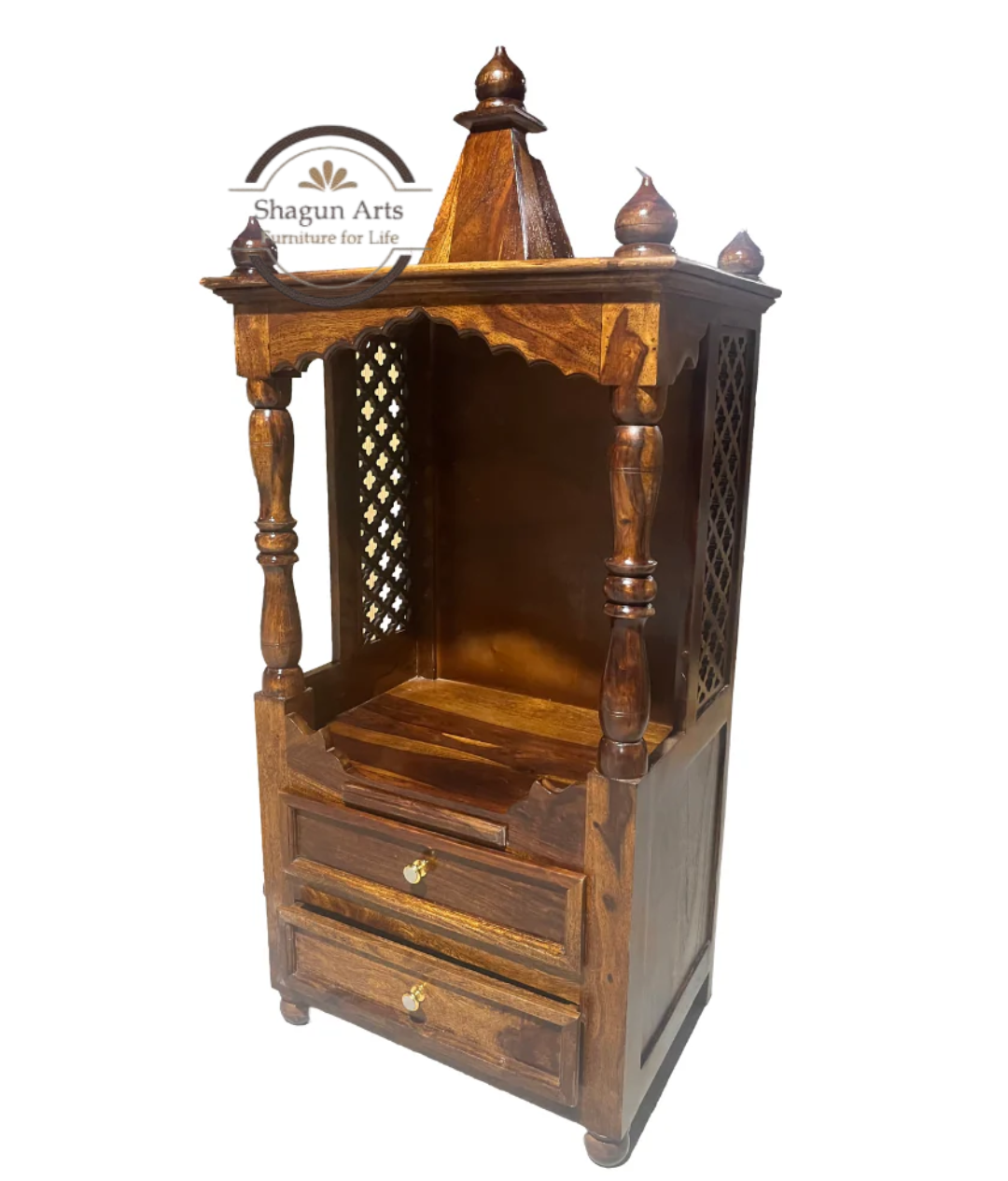 Niall Handcrafted Sheesham Wooden Pooja Mandir with Jaali Work & Storage Drawers