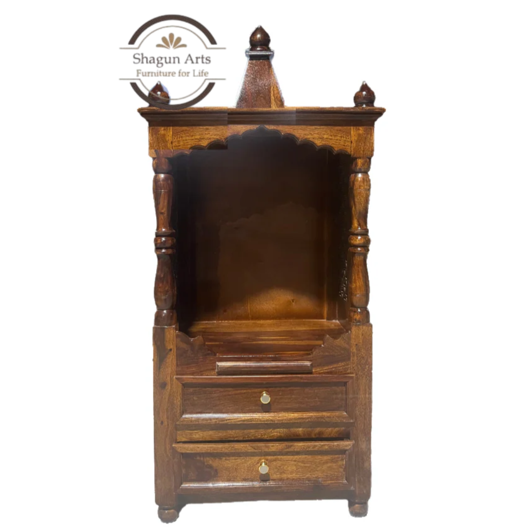 Niall Handcrafted Sheesham Wooden Pooja Mandir with Jaali Work & Storage Drawers