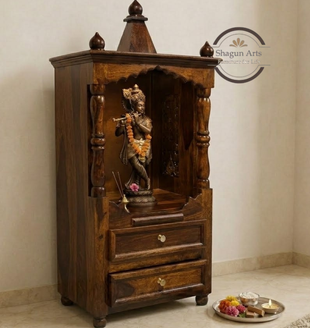 Niall Handcrafted Sheesham Wooden Pooja Mandir with Jaali Work & Storage Drawers