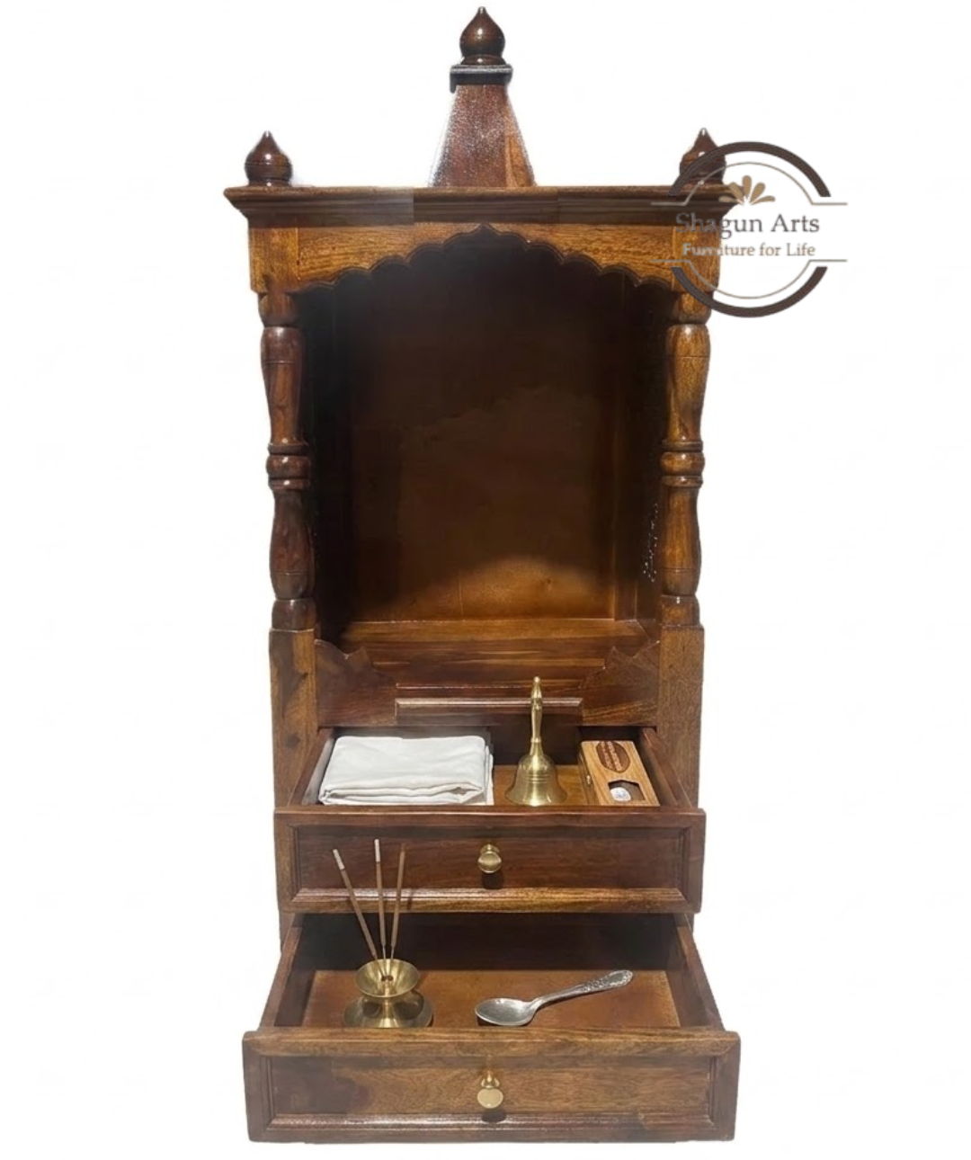 Niall Handcrafted Sheesham Wooden Pooja Mandir with Jaali Work & Storage Drawers