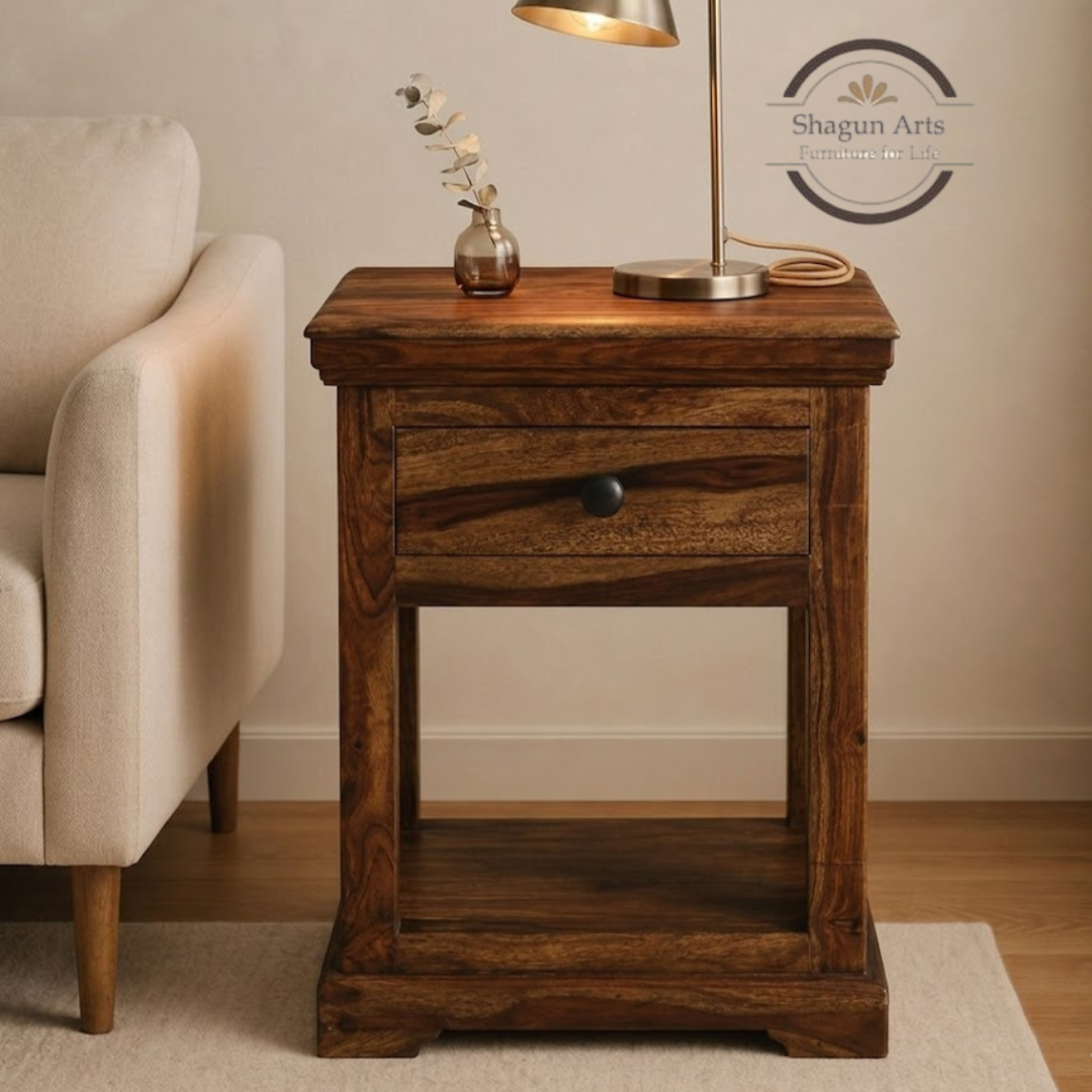 Solid Sheesham Wood Bedside Table with 1 Drawer & Open Shelf | Wooden Nightstand | Teak Finish