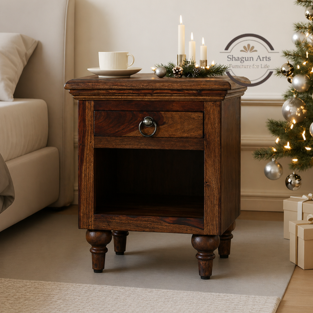 Solid Sheesham Wood Bedside Table with 1 Drawer & Open Shelf | Wooden Nightstand | Provincial Teak Finish