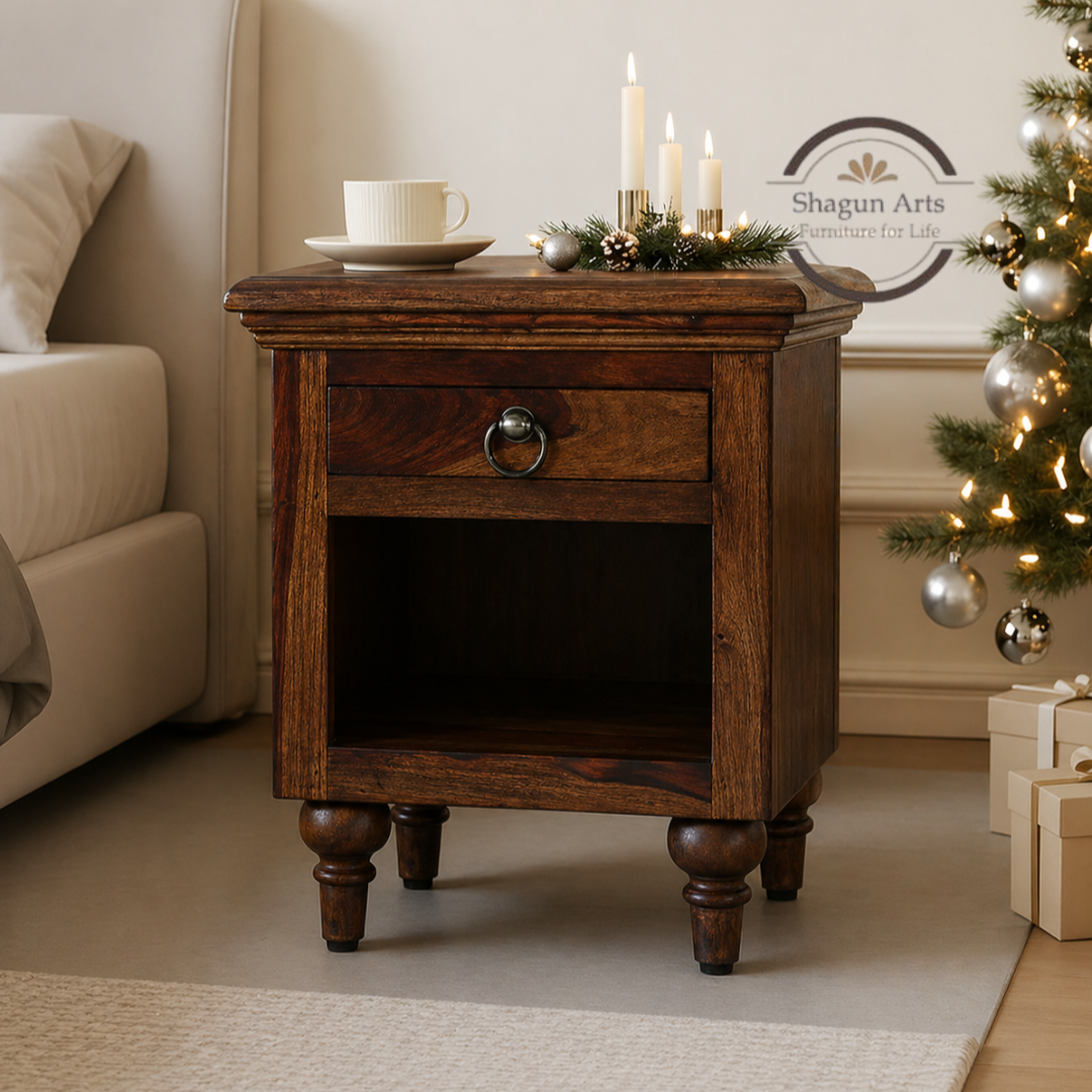Solid Sheesham Wood Bedside Table with 1 Drawer & Open Shelf | Wooden Nightstand | Provincial Teak Finish