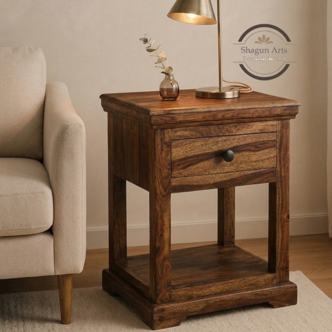 Solid Sheesham Wood Bedside Table with 1 Drawer & Open Shelf | Wooden Nightstand | Teak Finish