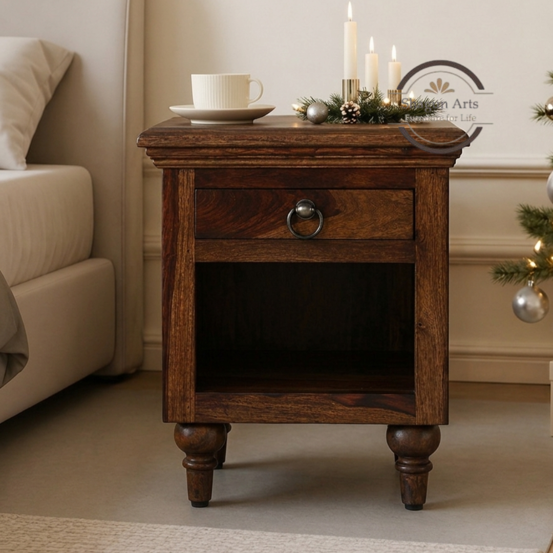 Solid Sheesham Wood Bedside Table with 1 Drawer & Open Shelf | Wooden Nightstand | Provincial Teak Finish