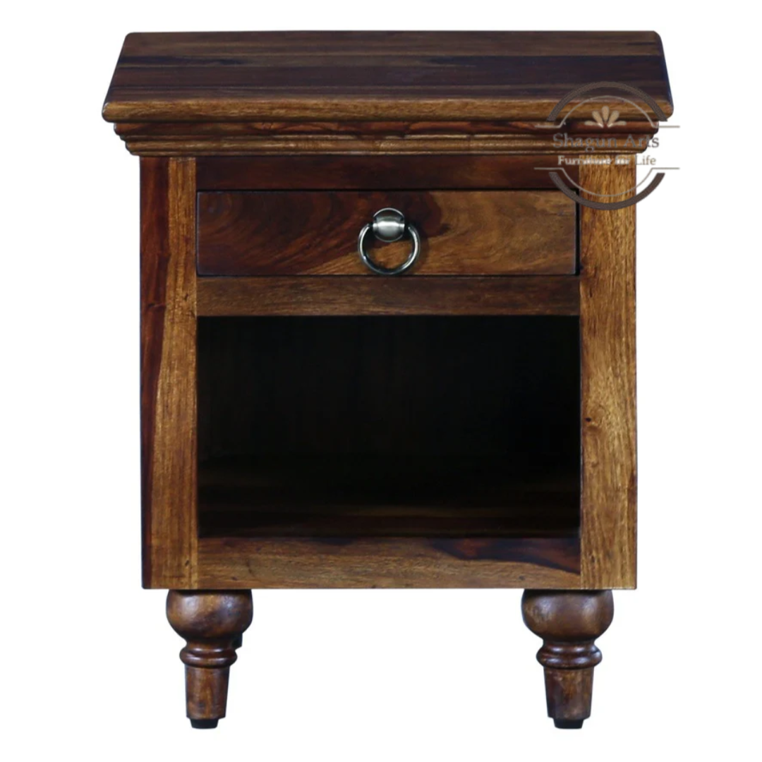 Solid Sheesham Wood Bedside Table with 1 Drawer & Open Shelf | Wooden Nightstand | Provincial Teak Finish
