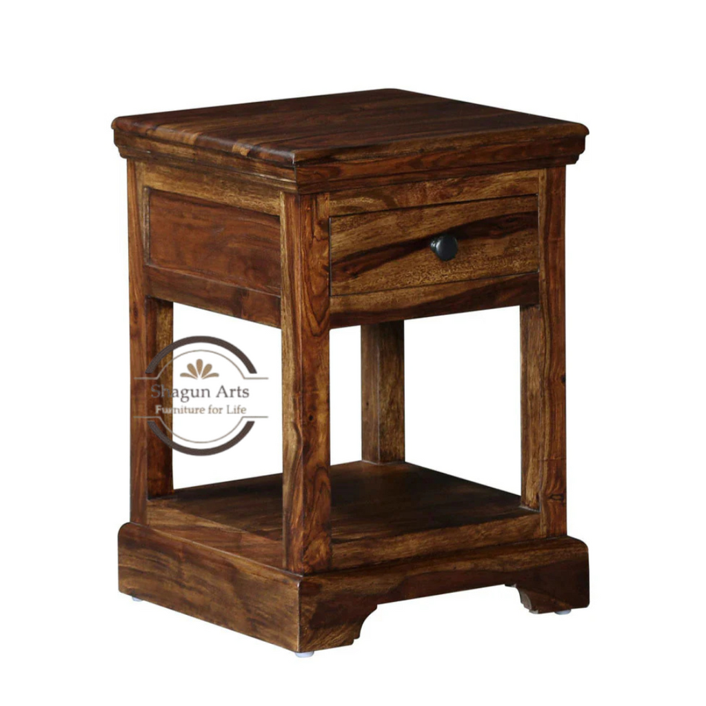 Solid Sheesham Wood Bedside Table with 1 Drawer & Open Shelf | Wooden Nightstand | Teak Finish