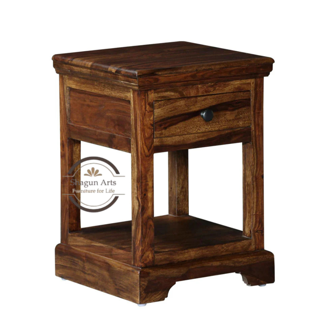 Solid Sheesham Wood Bedside Table with 1 Drawer & Open Shelf | Wooden Nightstand | Teak Finish