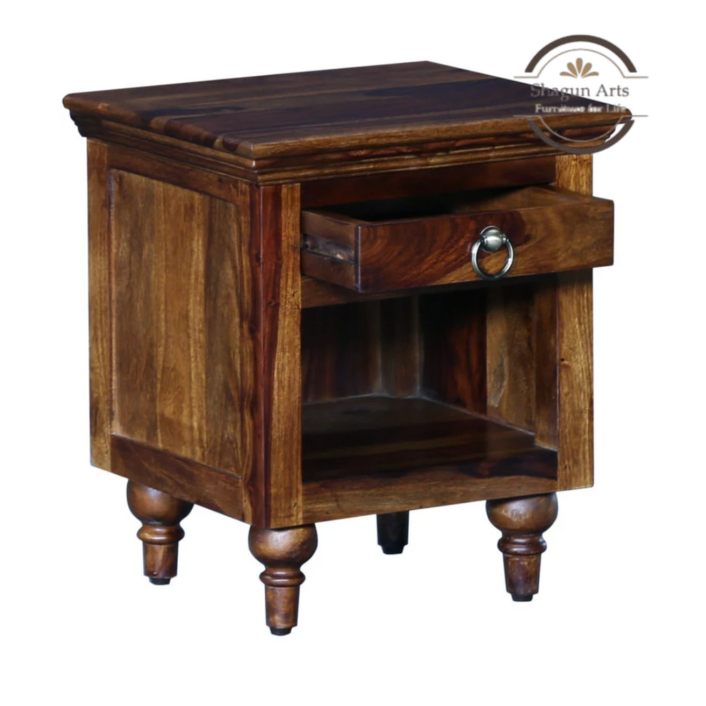 Solid Sheesham Wood Bedside Table with 1 Drawer & Open Shelf | Wooden Nightstand | Provincial Teak Finish